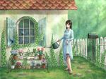  air_tone bad_id bad_pixiv_id blue_dress brown_eyes brown_hair bug butterfly dress fence flower_pot grass highres house insect long_hair mailbox_(incoming_mail) original rooftop sandals scenery skirt_hold smile solo sunlight watering watering_can window 
