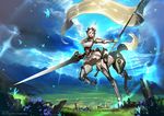  absurdres armor armored_boots banner blue_eyes boots brown_hair bug butterfly centaur cowter field flag flagpole flower full_armor gauntlets grass highres holding huge_weapon insect len_brew looking_at_viewer meadow monster_girl mountain open_mouth short_hair silver_hair solo standard_bearer weapon 