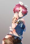  :o bandaged_arm bandages belt bow breasts chain clock collar comah covered_navel cowboy_shot cuffs from_below grey_background hair_bow hair_over_one_eye looking_at_viewer looking_down midriff open_mouth pants purple_eyes red_eyes red_hair seiken_manifestia short_hair sleeveless small_breasts solo suspenders torn_clothes torn_pants white_bow 