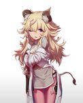 animal_ears black_gloves blonde_hair blood bloody_clothes blush coat fang fingerless_gloves gloves gradient gradient_background holding_arm injury lion_ears lion_girl lion_tail long_hair messy_hair nin one_eye_closed open_mouth original pelvic_curtain purple_eyes solo sweat tail white_background 
