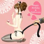  1girl 3mm animal_ears ass brown_hair cat_ears gintama heart nipples panties ponytail shimura_tae sitting small_breasts solo thighhighs topless underwear underwear_only 