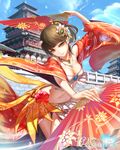  architecture bad_id bad_pixiv_id bangs bare_shoulders blue_sky breasts brooch brown_hair building cleavage closed_mouth cloud copyright_name cowboy_shot dancing day dual_wielding earrings east_asian_architecture eyelashes fan floral_print flower folding_fan gem hair_ornament holding holding_fan jewelry long_hair looking_at_viewer luen_kulo medium_breasts midriff necklace off_shoulder official_art outdoors pagoda pink_lips ponytail red_flower red_rose rose skirt sky smile solo stomach tenkuu_no_crystalia visible_air wall wide_sleeves yellow_eyes 