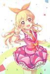  aikatsu! aikatsu!_(series) blonde_hair bow confetti dress frilled_dress frills hair_ribbon hairband heart hoshimiya_ichigo long_hair looking_at_viewer necktie open_mouth red_eyes ribbon short_sleeves simple_background solo teeth tobade_(tbdfactory) v wrist_cuffs 