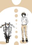  1girl androgynous artist_request cup female full_body hermes kino kino_no_tabi monochrome motorcycle short_hair smoke solo standing steam tagme 
