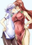  arm_around_shoulder asymmetrical_docking blush braid breast_contest breast_press breasts china_dress chinese_clothes dress eye_contact eyebrows face-to-face flat_chest hair_ribbon hand_on_hip hong_meiling impossible_clothes impossible_dress izayoi_sakuya large_breasts long_hair looking_at_another multiple_girls no_hat no_headwear pantyhose ribbon short_hair smile touhou twin_braids yohane yuri 