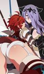  ass breasts camilla_(fire_emblem_if) fire_emblem fire_emblem_if hair_over_one_eye highres hinoka_(fire_emblem_if) large_breasts long_hair looking_at_viewer multiple_girls nisego purple_eyes purple_hair red_eyes red_hair short_hair smile tiara 