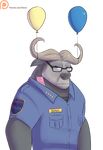  2016 alasou alpha_channel anthro balloon bovine buffalo cape_buffalo chief_bogo clothing disney english_text eyewear glasses hi_res looking_at_viewer male mammal patreon police_uniform simple_background solo text transparent_background uniform zootopia 