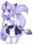  alpha_channel breasts cleavage clothed clothing digital_media_(artwork) duster facial_piercing female fur hair horn inner_ear_fluff long_hair looking_at_viewer maid_uniform piercing purple_eyes purple_hair simple_background solo standing transparent_background uniform white_fur zyira 