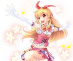  aikatsu! aikatsu!_(series) armpits blonde_hair bow eighth_note floral_print frilled_skirt frills gloves hair_ribbon hairband hoshimiya_ichigo long_hair looking_to_the_side midriff musical_note navel open_mouth outstretched_arms quarter_note red_eyes ribbon skirt sleeveless smile solo star teeth wapokichi 