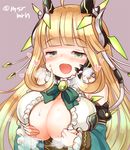  bangs blonde_hair blunt_bangs blush breast_hold breasts brooch cleavage detached_sleeves green_eyes half-closed_eyes heart heavy_breathing horns jewelry large_breasts long_hair marshmallow_mille open_mouth purple_background puzzle_&amp;_dragons solo spica_(p&amp;d) twitter_username upper_body 