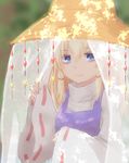  bad_id bad_pixiv_id blonde_hair blue_eyes dappled_sunlight hair_between_eyes hair_ribbon hat highres long_sleeves looking_at_viewer moriya_suwako outdoors red_ribbon ribbon ribbon-trimmed_sleeves ribbon_trim sleeves_past_wrists smile solo sunlight touhou tress_ribbon upper_body veil vest wide_sleeves yusake_san 