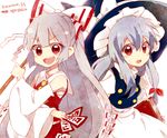 :d apron blue_hair blush book bow commentary_request cosplay detached_sleeves fujiwara_no_mokou gohei hair_bow hair_ornament hair_ribbon hakurei_reimu hakurei_reimu_(cosplay) hat hat_ribbon japanese_clothes kamishirasawa_keine kirisame_marisa kirisame_marisa_(cosplay) korean long_hair long_sleeves looking_at_viewer miko multiple_girls ofuda open_mouth puffy_sleeves red_bow red_eyes ribbon round_teeth sarashi shirt silver_hair simple_background six_(fnrptal1010) skirt skirt_set smile teeth text_focus touhou translated turtleneck v-shaped_eyebrows vest waist_apron white_background wide_sleeves witch_hat 