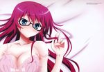  absurdres blue_eyes blush bra breasts cleavage glasses grisaia_(series) grisaia_no_kajitsu highres large_breasts long_hair official_art playing_with_own_hair red_hair smile solo strap_slip suou_amane underwear 