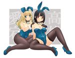  adapted_costume animal_ears ascot atago_(kantai_collection) black_hair blonde_hair bunny_ears bunny_tail bunnysuit detached_collar gloves green_eyes kantai_collection long_hair multiple_girls pantyhose red_eyes short_hair tail takao_(kantai_collection) thighhighs uona_telepin wrist_cuffs 