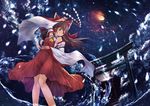  armband ascot backlighting between_fingers bow breasts brown_hair cloud detached_sleeves frilled_bow frills full_moon gohei hair_bow hair_tubes hakurei_reimu hakurei_shrine highres knees_together_feet_apart legs long_hair long_skirt looking_to_the_side md5_mismatch moon moonlight night night_sky orange_moon perspective pi-pie red_bow red_eyes red_shirt red_skirt sarashi serious shiny shiny_hair shirt skirt sky small_breasts solo star_(sky) starry_sky talisman torii touhou tree water waves wide_sleeves wind 