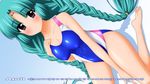  braid calendar_(medium) canal_vorfeed competition_swimsuit dutch_angle green_hair highres long_hair lost_universe one-piece_swimsuit purple_eyes solo sugimura_tomokazu swimsuit twin_braids twintails 
