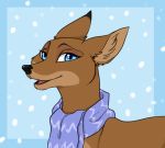  blue_background blue_eyes cervine female mammal mitzi scarf simple_background smile snow yelnatsdraws 