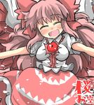  ^_^ ^o^ alternate_color bad_anatomy bow closed_eyes feathered_wings gaoo_(frpjx283) hair_bow highres long_hair open_mouth pink pink_hair reiuji_utsuho smile solo third_eye touhou wings 