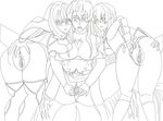  3girls akame akame_ga_kill! breasts crossover esdeath fate/grand_order fate_(series) large_breasts monochrome multiple_girls presenting pussy scathach_(fate/grand_order) 
