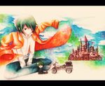  1girl androgynous artist_request castle coat hermes kino kino_no_tabi motorcycle short_hair solo tagme traditional_media 