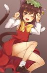  animal_ears bow brown_eyes brown_hair cat_ears cat_tail chen dress fang hat highres jewelry legs long_sleeves mob_cap multiple_tails nekomata one_eye_closed open_mouth red_dress shirt single_earring smile solo tail touhou two_tails upskirt usotsuki_penta 