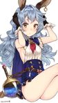  animal_ears arms_up belt black_gloves blue_hair blue_skirt blush breasts brown_eyes bunny_ears buttons cape earrings erune ferry_(granblue_fantasy) gem gloves granblue_fantasy highres hoop_earrings jewelry kuro_chairo_no_neko long_hair looking_at_viewer loose_belt sideboob simple_background single_earring sitting skirt small_breasts solo twitter_username wavy_hair white_background 