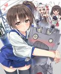  akagi_(kantai_collection) amatsukaze_(kantai_collection) angry black_legwear blush brown_eyes brown_hair downscaled gloves heart hug hug_from_behind kaga_(kantai_collection) kantai_collection leaning_forward looking_at_viewer md5_mismatch multiple_girls muneate o_o pointing quiver rensouhou-kun resized side_ponytail silver_hair single_glove tears thighhighs twintails two_side_up white_gloves yahako 
