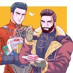 2boys bara black_hair character_request facial_hair fallout falout food kiricloud looking_at_viewer male_focus multiple_boys muscle quilted_jacket scar 