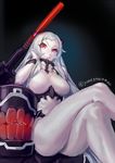  airfield_hime artist_name ass breasts crossed_legs from_below horns huge_breasts kantai_collection long_hair pale_skin red_eyes shinkaisei-kan sitting smile solo thighs very_long_hair white_hair yonezawa_mao 
