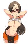  :o areolae bare_shoulders black_hair blush breasts brown_eyes clothes_writing curvy employee_uniform glasses groin hooters kusanagi_tonbo large_breasts long_hair looking_at_viewer navel no_bra no_legwear original revision shirt_lift simple_background solo underboob uniform white_background wide_hips 