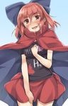  blush bow cape clothes_writing cosplay cowboy_shot hair_bow hecatia_lapislazuli highres looking_at_viewer open_mouth red_eyes red_hair sekibanki sekibanki_(cosplay) shirt skirt smile solo tears thighs touhou usotsuki_penta 