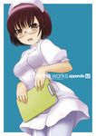  akatsuki_(akatsukishiki) blush breasts brown_eyes fang glasses hat looking_at_viewer medium_breasts nurse nurse_cap open_mouth original pantyhose red_hair short_hair simple_background solo thighs uniform white_legwear 