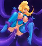  1girl adapted_costume areolae artist_name blonde_hair blue_eyes breast_cutout breasts large_breasts metroid nipples open_mouth ponytail pussy restrained saliva samus_aran solo tentacle thigh_boots tongue_out uncensored vaginal_object_insertion zero_suit 