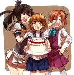  &gt;:o 3girls :d ^_^ ^o^ akigumo_(kantai_collection) akizuki_(kantai_collection) bandaid bandaid_on_face black_hair blue_skirt brown_eyes brown_hair cake closed_eyes corset cowboy_shot eyes_closed food fruit hachimaki hair_ornament hair_ribbon headband holding_cake kantai_collection long_hair long_sleeves miniskirt multiple_girls neckerchief oboro_(kantai_collection) oono_imo open_mouth pantyhose pleated_skirt ponytail ribbon school_uniform serafuku short_hair short_sleeves skirt smile strawberry vest white_skirt yellow_neckwear 