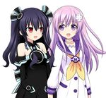  ami_(ammy33) arm_behind_back bare_shoulders black_hair blush d-pad d-pad_hair_ornament elbow_gloves gloves hair_ornament hair_ribbon highres holding_hands long_hair md5_mismatch multiple_girls nepgear neptune_(series) open_mouth purple_eyes purple_hair red_eyes ribbon simple_background striped two_side_up uni_(choujigen_game_neptune) white_background 
