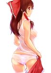  :o ass azuk bare_shoulders blush bow breasts brown_eyes brown_hair cowboy_shot eyebrows eyebrows_visible_through_hair from_behind hair_bow hair_over_shoulder hair_tubes hakurei_reimu highres legs_apart medium_breasts panties parted_lips ponytail profile red_bow red_skirt see-through shirt sidelocks simple_background sketch skirt skirt_pull sleeveless solo tank_top tareme touhou underwear undressing wet wet_clothes wet_panties wet_shirt white_background white_panties white_shirt 