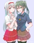  2girls alternate_costume black_legwear blue_shirt brown_eyes brown_skirt cowboy_shot green_eyes green_hair grey_background hair_ribbon hairband hand_on_hip ifpark_(ifpark.com) kantai_collection long_hair multiple_girls red_skirt ribbon shirt short_sleeves shoukaku_(kantai_collection) simple_background skirt thighhighs twintails white_hair white_ribbon white_shirt zuikaku_(kantai_collection) 