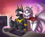  2015 anthro anubislivess black_fur breasts canine cleavage clothed clothing computer covering_eyes duo ear_piercing female fox fur imanika inside jackal keyboard male mammal multi_tail nude piercing shirowretched sitting smile standing white_fur 