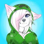  &lt;3 2014 anthro blue_eyes bust_portrait canine clothed clothing creeper female fox fur hoodie icon jewelry looking_at_viewer mammal minecraft nayel-ie necklace portrait shirowretched smile solo video_games white_fur 