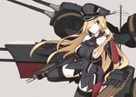  absurdres bad_id bad_pixiv_id bare_shoulders bismarck_(kantai_collection) black_panties blonde_hair blue_eyes breasts cannon character_name cowboy_shot detached_sleeves gloves grin hair_over_one_eye hat highres jewelry kantai_collection large_breasts lavender_background long_hair looking_at_viewer mikoto_(oi_plus) military military_hat military_uniform open_mouth panties peaked_cap revision ring sideboob simple_background smile solo thighhighs turret underwear uniform 