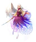  adapted_costume alternate_hair_length alternate_hairstyle angel_wings bangs breasts dress full_body highres holding holding_sword holding_weapon japanese_clothes katana kishin_sagume light_smile long_hair long_sleeves looking_at_viewer medium_breasts obi open_hand orange_eyes outstretched_arm patterned_background purple_dress ribbon sash scabbard sheath short_dress silver_hair single_wing solo sword thighhighs touhou unfinished weapon white_background white_hair white_legwear wide_sleeves wind wings yuren zouri 