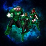  2boys alien black_hair bodysuit dark_skin dc_comics flying gloves glowing glowing_eyes green_eyes green_lantern green_lantern_(series) john_stewart kilowog laira_omoto leotard multiple_boys orange_hair ponytail ring short_hair space thighhighs 