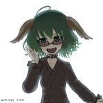 ahoge bloom collar colored_lenses dated dog_collar fang floppy_ears flower_button green_eyes green_hair kasodani_kyouko miata_(miata8674) open_mouth short_hair signature simple_background solo sunglasses symposium_of_post-mysticism touhou waving white_background 
