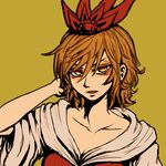  blonde_hair brown_background collarbone hand_behind_head looking_at_viewer miata_(miata8674) open_mouth robe short_hair simple_background solo toramaru_shou touhou upper_body yellow_eyes 