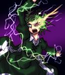  angry arm_up burning_eye dress glowing glowing_eye green_dress green_hair lightning magic messy_hair miata_(miata8674) open_mouth purple_background soga_no_tojiko solo touhou whorled_flames 