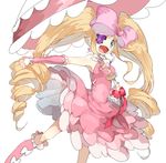  artist_request bare_legs bare_shoulders blonde_hair boots breasts dress drill_hair eyepatch female frilled_skirt frilled_umbrella frills hair_ribbon harime_nui kill_la_kill pink_boots pink_dress ribbon simple_background skirt solo twin_drills umbrella very_long_hair white_background wristband 