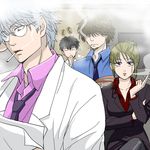  1girl 3boys 3mm blonde_hair cigarette gintama glasses hattori_zenzou hijikata_toushirou multiple_boys sakata_gintoki scar short_hair smoking tsukuyo tsukuyo_(gintama) 