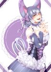  animal_ears bow cat_ears detached_sleeves dress fangs fur_trim gen_4_pokemon hair_bow interlocked_fingers looking_at_viewer nail_polish open_mouth own_hands_together personification pokemon purple_hair purple_nails purugly shikkoku_neko solo yellow_eyes 