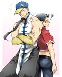  1girl ^_^ ass back-to-back bad_id bad_pixiv_id baseball_cap black_hair blush bracer braid chinese_clothes closed_eyes couple crop_top crossed_arms denim grin hair_over_shoulder hat height_difference hetero houmei_(street_fighter) jeans long_hair muscle pants pelvic_curtain short_hair single_braid sleeveless smile squiggle street_fighter sweatdrop takehana yun_lee 