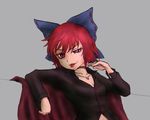 blue_bow bow breasts choker cleavage commentary_request eyelashes hand_up jewelry leaning_back looking_at_viewer miata_(miata8674) navel necklace red_eyes red_hair sekibanki short_hair simple_background sitting skull_necklace small_breasts smirk solo swag tongue tongue_out touhou unbuttoned 